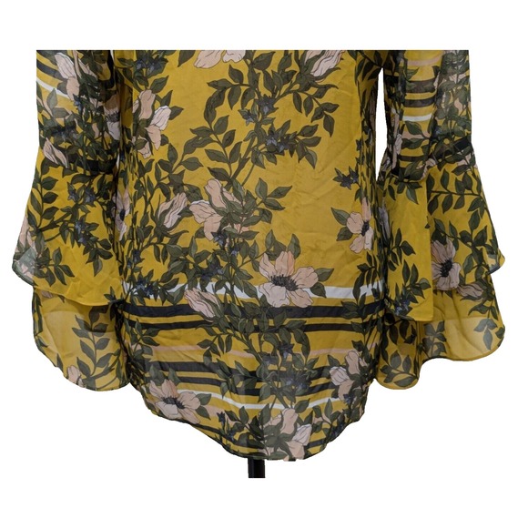 CABI Blouse Sm Yellow Green Floral Layered Flare Sleeves Boho - Picture 9 of 11